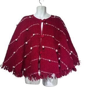 Shabby Chic Red Festive Christmas Tree Skirt Pom Pom Fringe Holiday Cottagecore